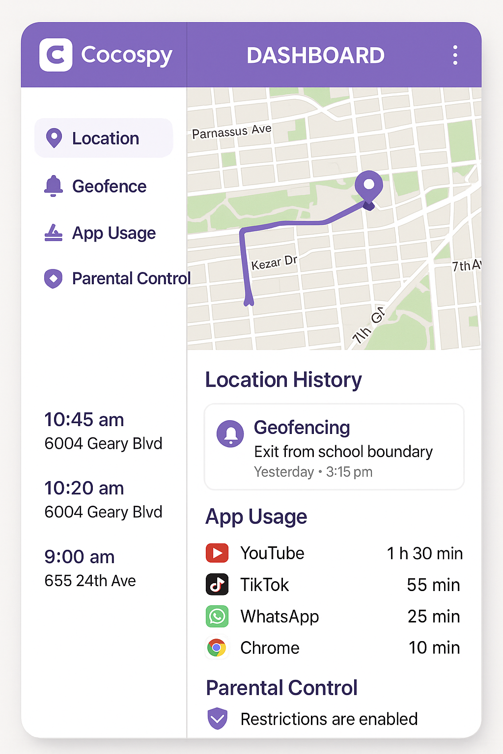 Cocospy user-friendly phone tracker app interface showing location history, geofencing alerts, app usage monitoring, and parental control features