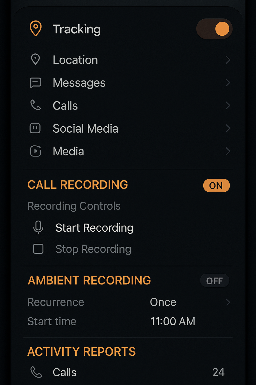 FlexiSPY advanced phone monitoring app interface with comprehensive tracking features, call recording controls, ambient recording options, and detailed activity reports