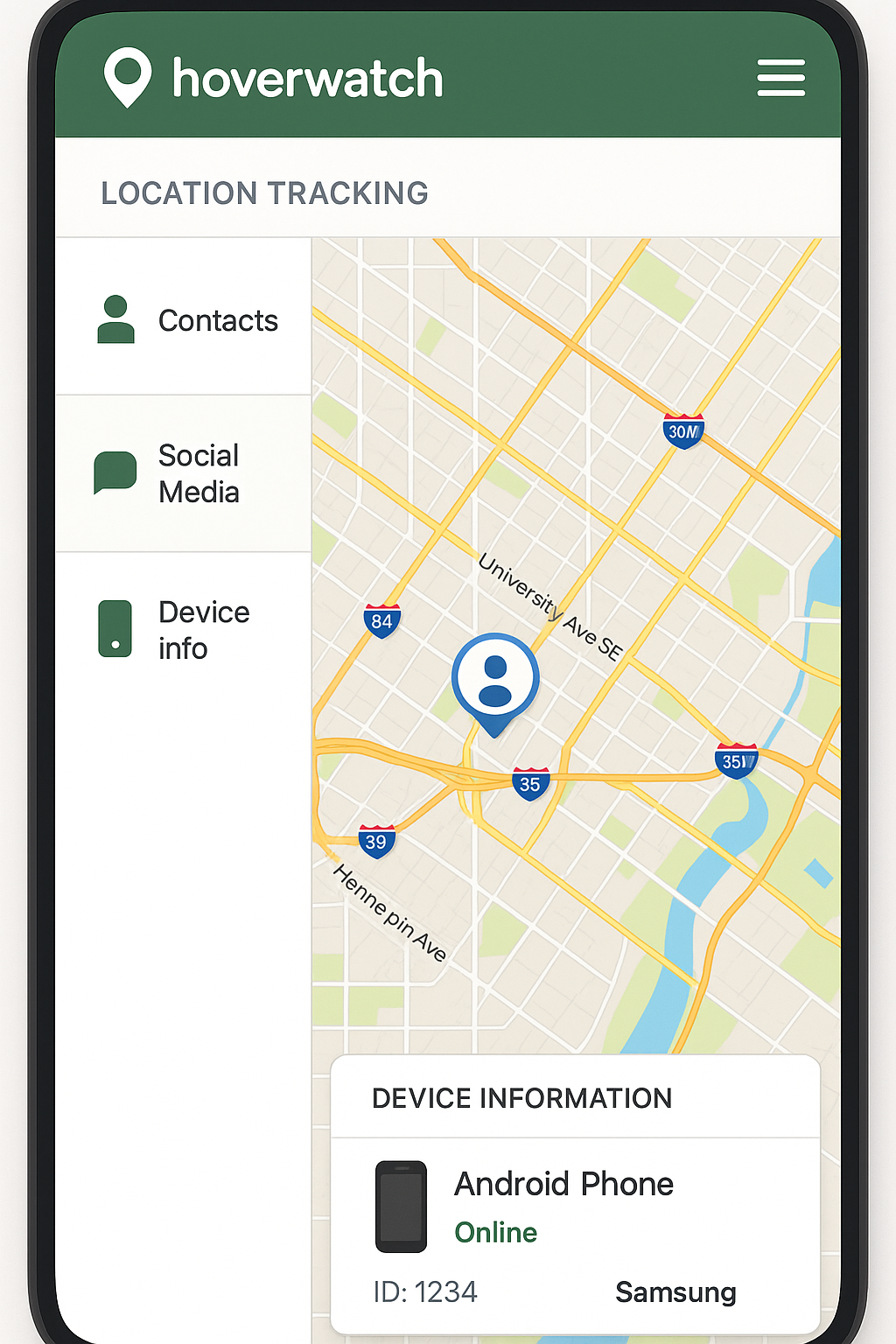 Hoverwatch phone tracker interface showing GPS location tracking on map, contact monitoring, social media tracking features, and device information panel