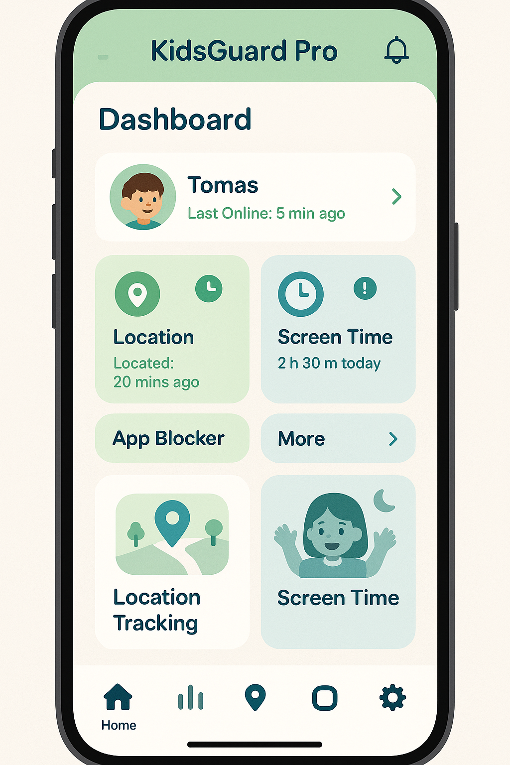 KidsGuard Pro family-friendly phone monitoring app interface showing parental control dashboard, location tracking, screen time management, and app blocking features