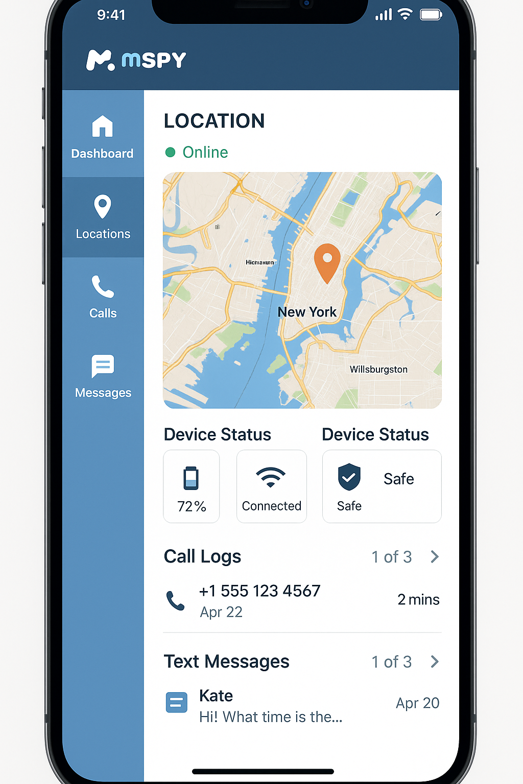 mSpy phone tracker dashboard showing location tracking map, device status indicators, call logs, and message monitoring features