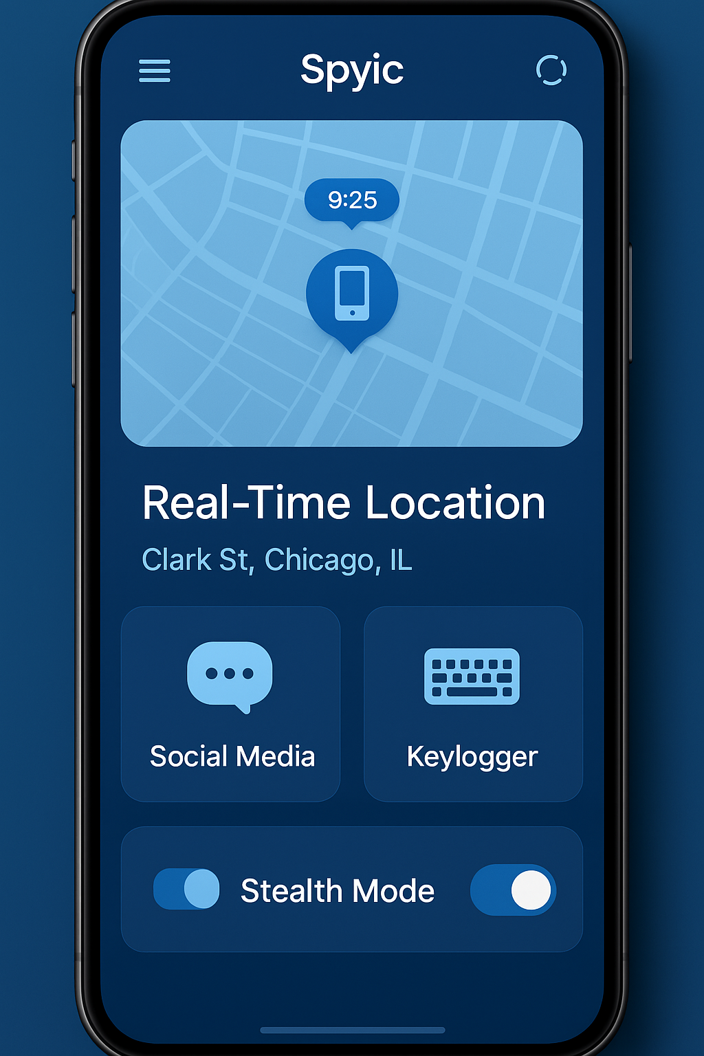 Spyic sleek phone tracking application interface displaying real-time location tracking, social media monitoring, keylogger features, and stealth mode controls